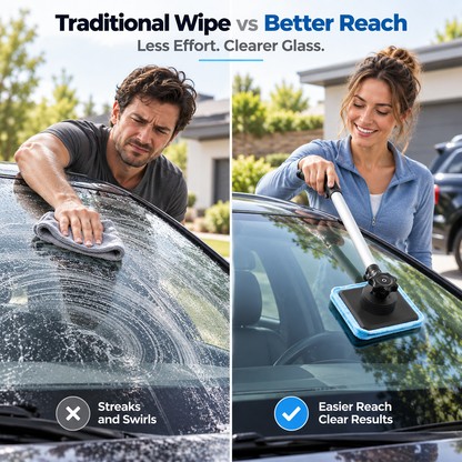 Windshield cleaning comparison showing improved reach with extension handle