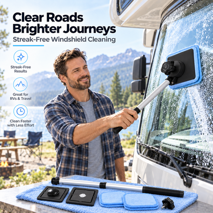 Magnetic windshield cleaner being used on RV glass
