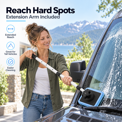 Extension arm reaching hard-to-clean windshield areas