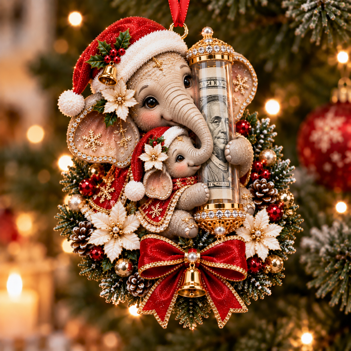 Elephant Christmas cash gift ornament