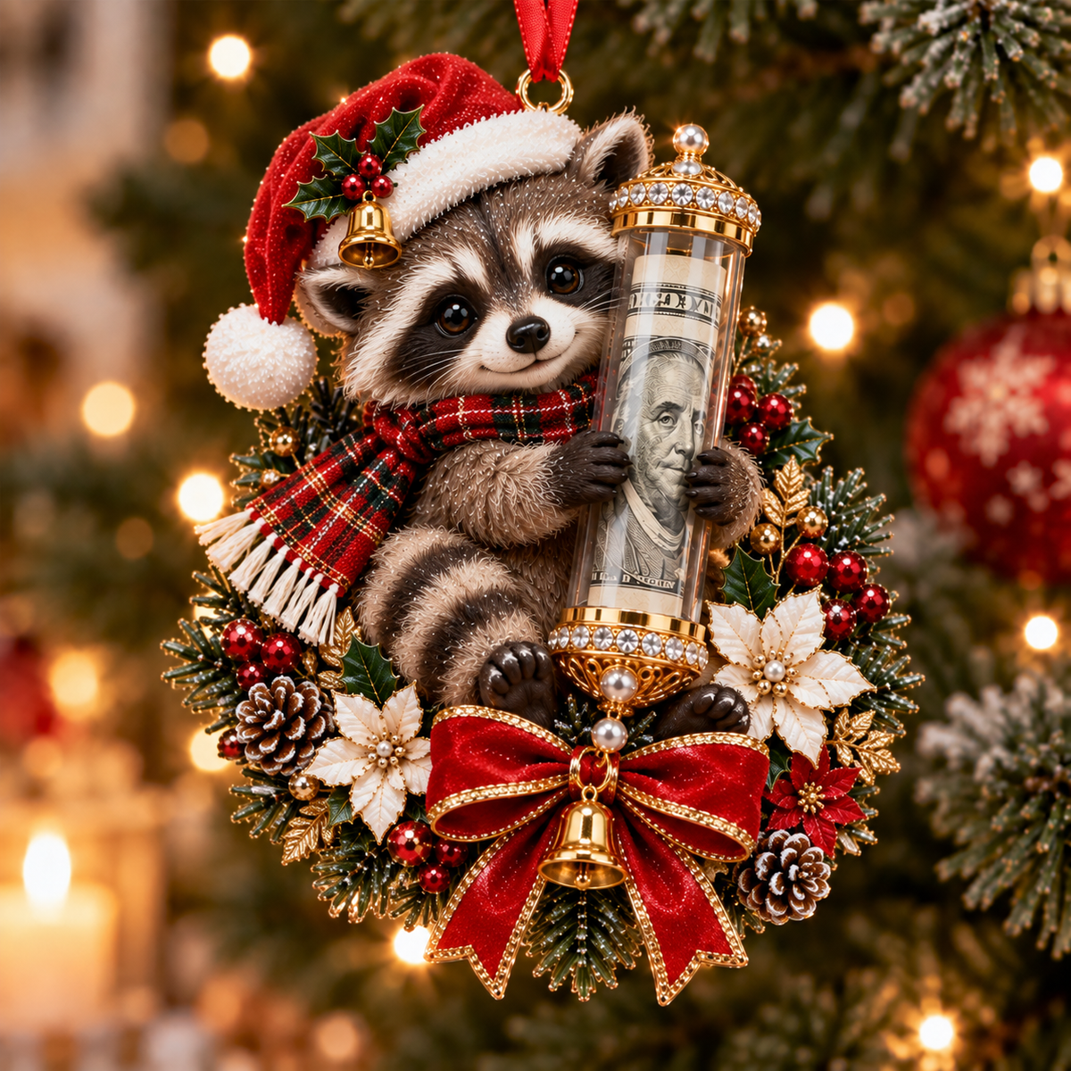 Raccoon Christmas cash gift ornament