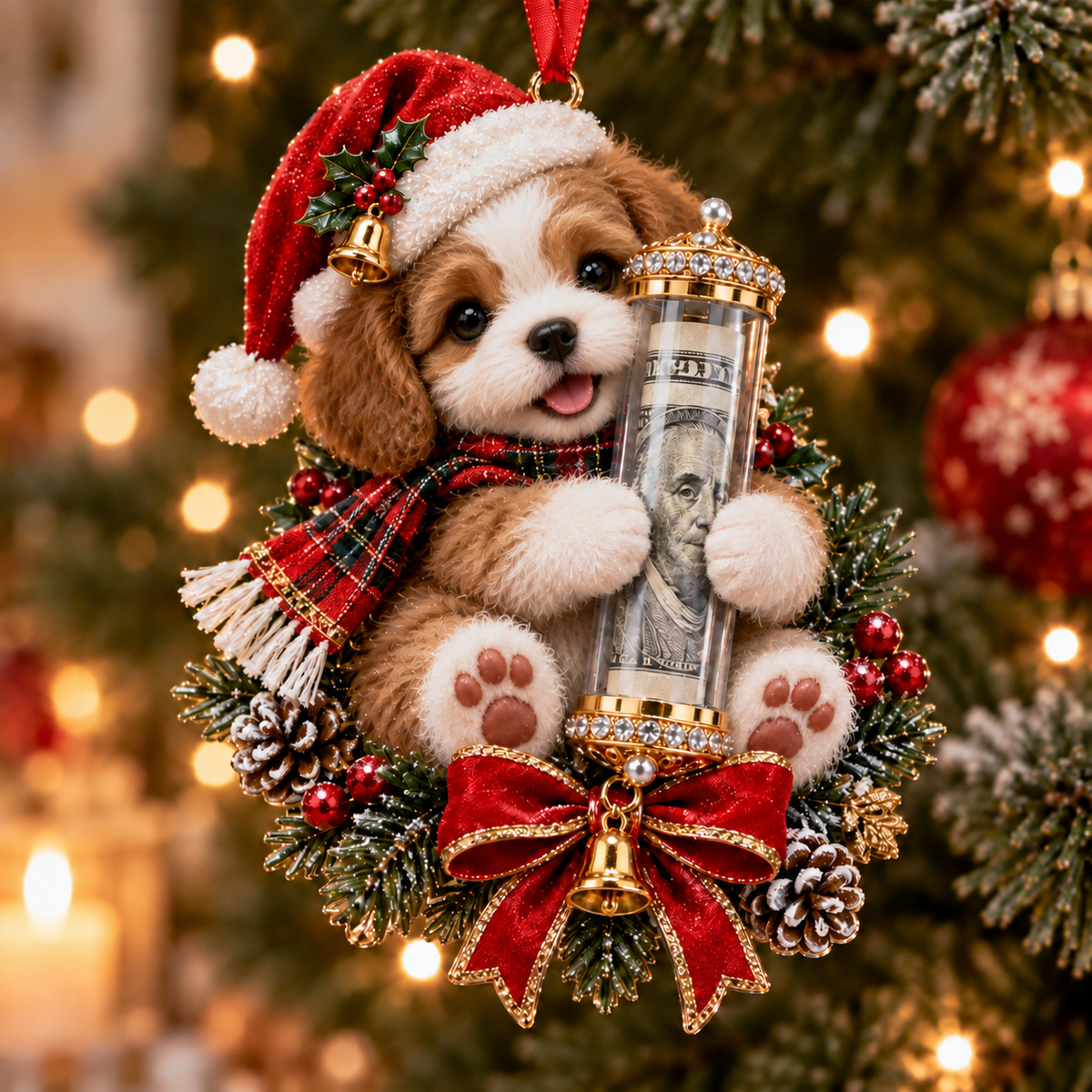 Dog Christmas cash gift ornament