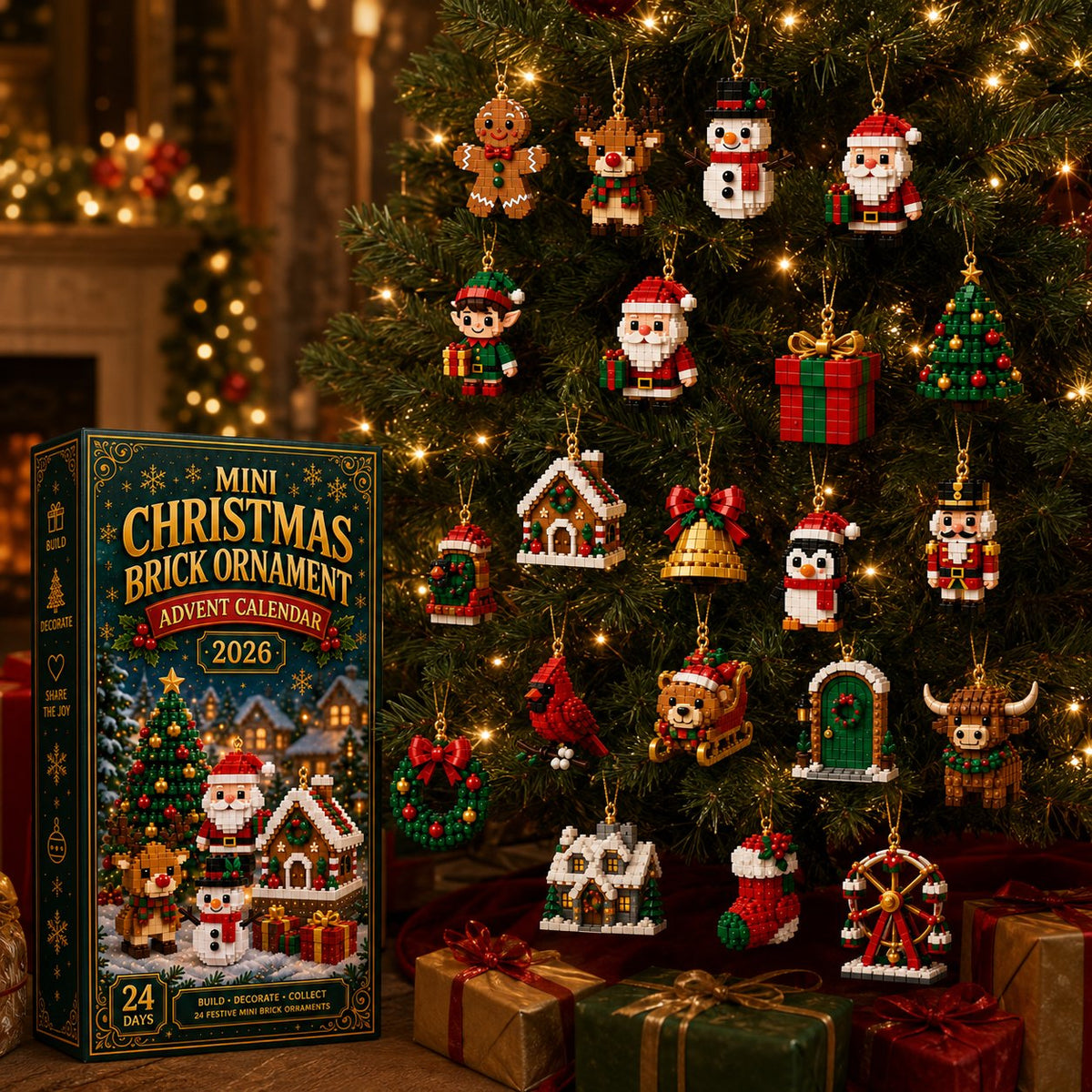 Mini brick Christmas ornaments displayed across a decorated tree
