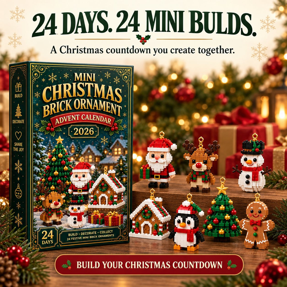 24-day Mini Christmas Brick Ornament Advent Calendar with festive mini builds