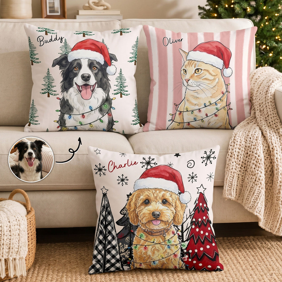 Personalized watercolor-style Christmas pet pillows displayed on a sofa