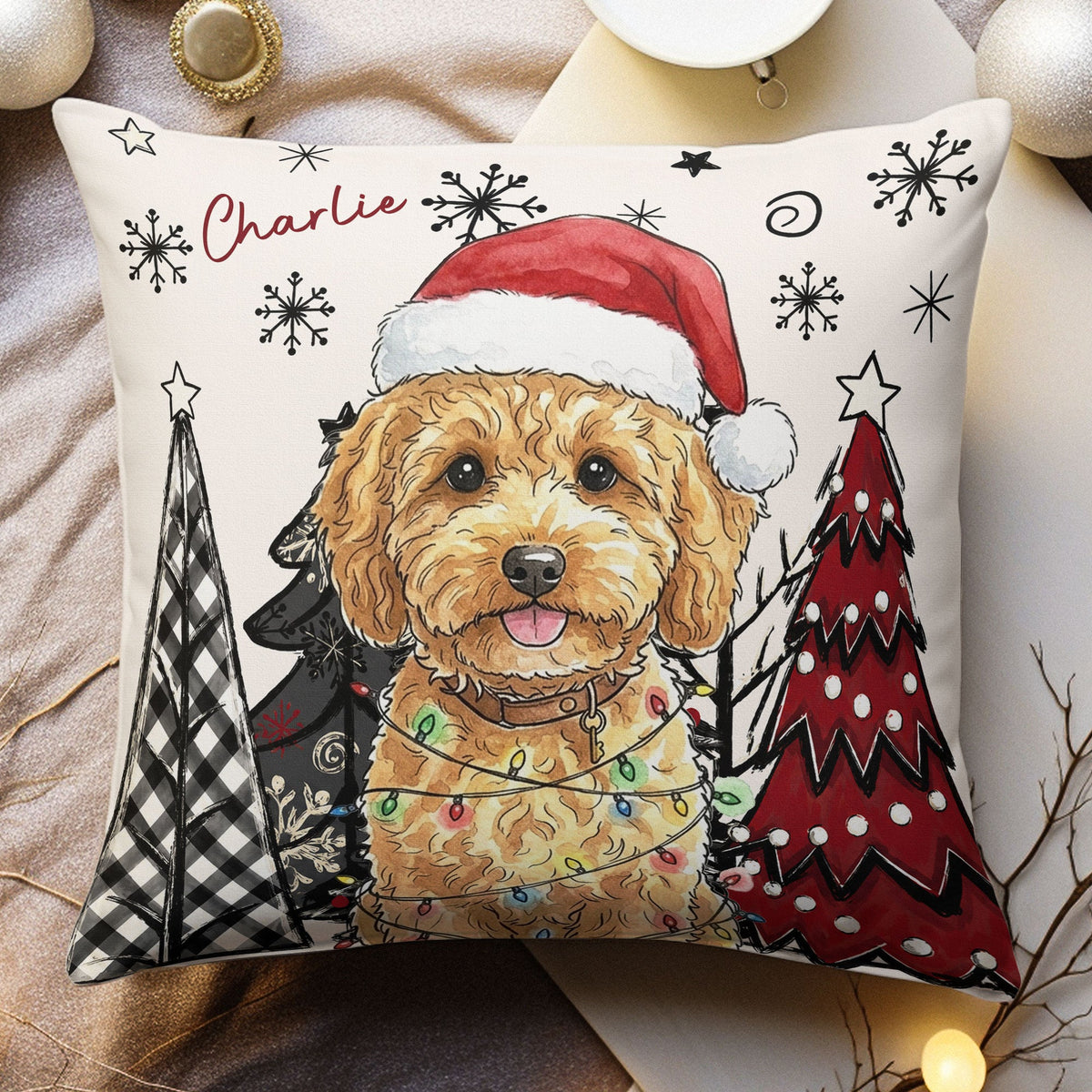 Personalized dog watercolor Christmas pillow on a bed