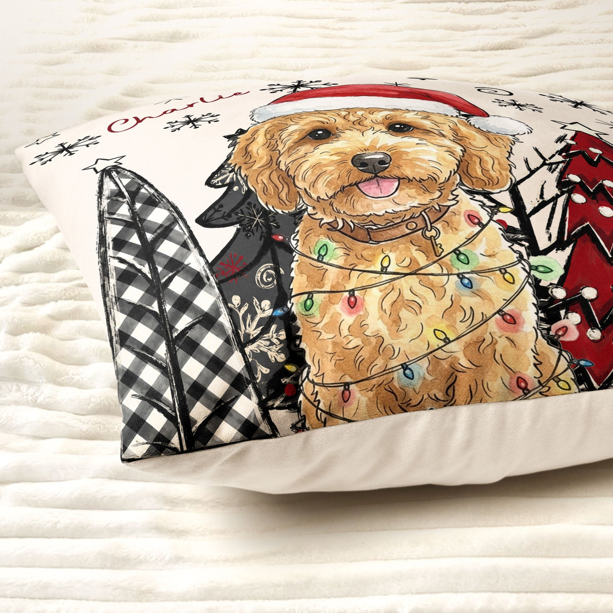 Close view of personalized watercolor dog Christmas pillow on bedding