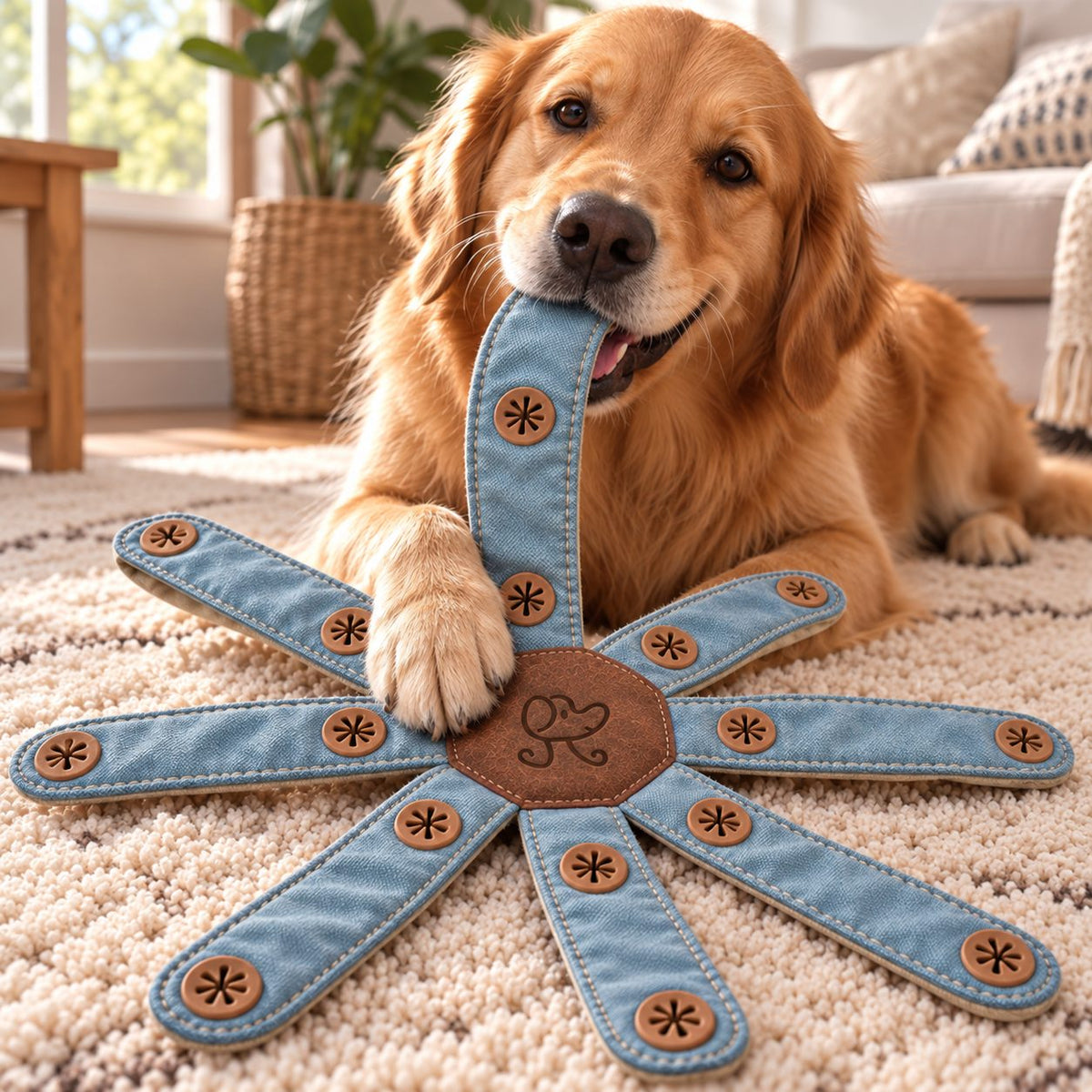 Golden retriever playing with the blue Dogtopus treat-hiding enrichment toy
