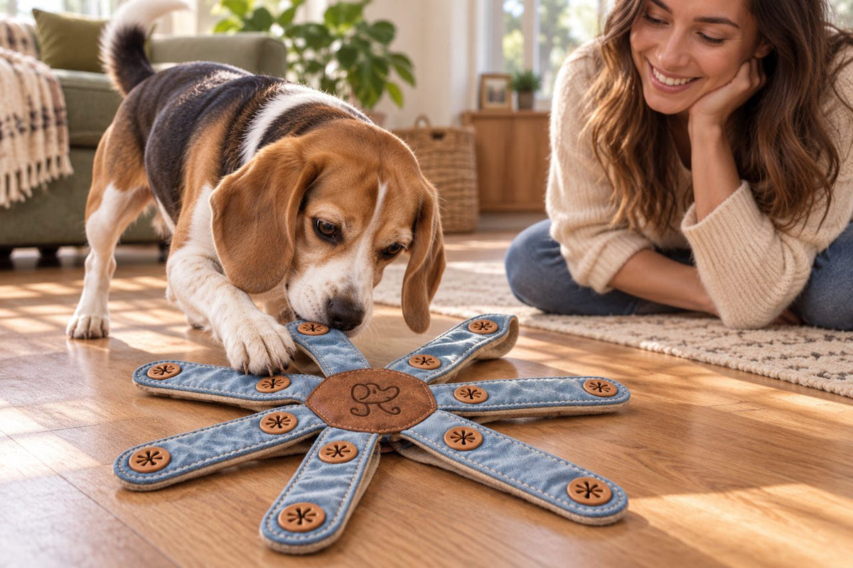 Beagle using Dogtopus with owner nearby