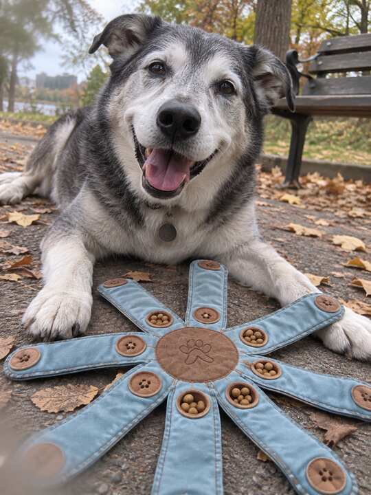 Senior dog with Dogtopus in park