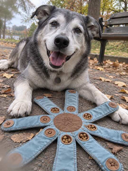 Senior dog with Dogtopus in park